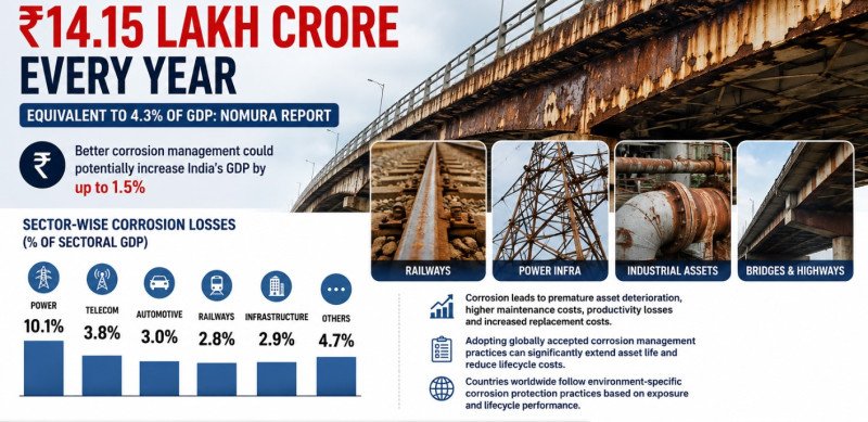 Corrosion costs India ₹14.15 Lakh Crore every year, equivalent to 4.3% of GDP: Nomura Report decoding=