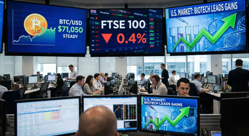 Bitcoin Steady Near $71K; FTSE 100 Falls While Biotech Stocks Lead U.S. Market Gains decoding=