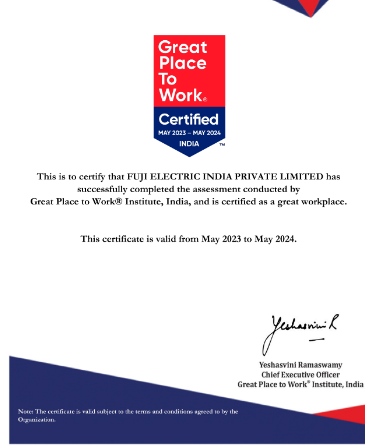 Fuji Electric India is now 'Great Place to Work' certified decoding=