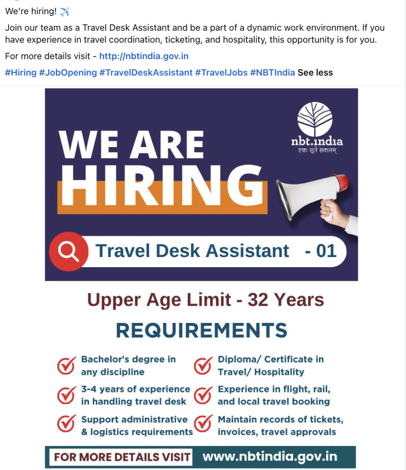 nbt-india-hiring-travel-desk-assistant-applications-invited-for-travel-coordination-hospitality-role