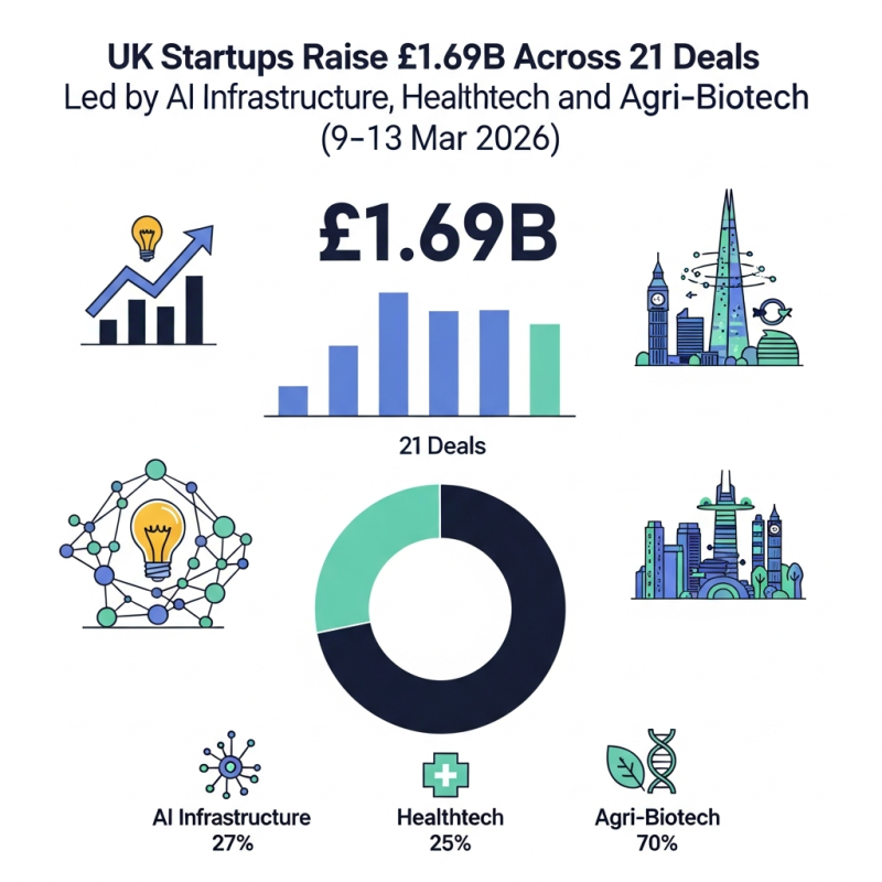 UK Startups Raise £1.69B Across 21 Deals Led by AI Infrastructure, Healthtech and Agri-Biotech (9–13 Mar 2026) decoding=