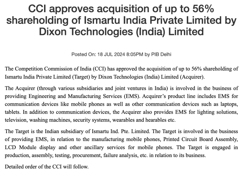 cci-approves-acquisition-of-up-to-56-shareholding-of-ismartu-india-private-limited-by-dixon-technologies-india-limited