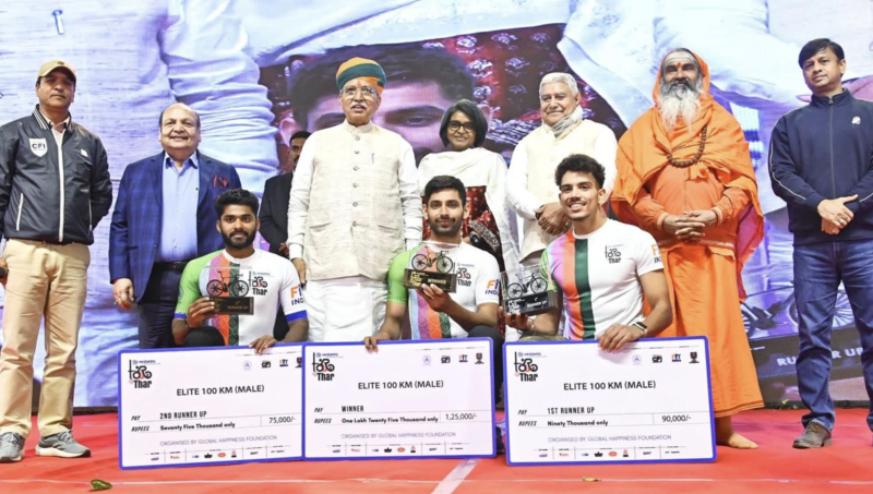 under-mp-sports-festival-2025-200-km-vedanta-tour-de-thar-cycling-race-organized-prize-distribution-ceremony-held-in-raisar-in-presence-of-union-law-minister-arjun-ram-meghwal