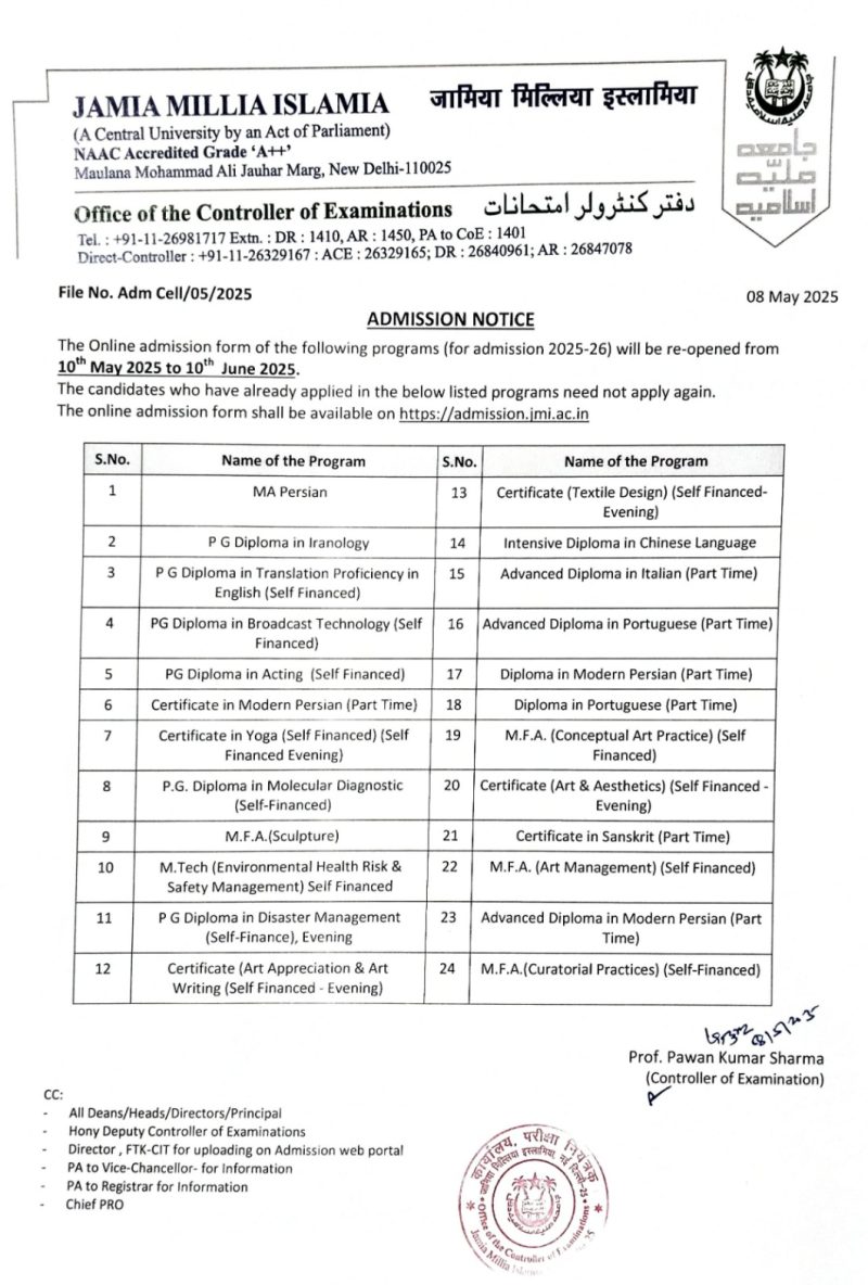 JMI Reopens online admission forms for 24 programs on offer during the academic year 2025-26; Reopening announced from May 10 to June 10, 2025