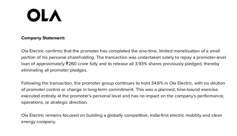 ola-electric-clarifies-promoter-share-sale-one-time-move-to-clear-260-crore-loan-no-impact-on-control