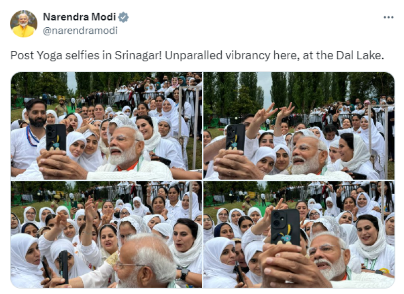 Yoga day 2024: PM poses for selfies with yoga enthusiasts at Dal Lake, Srinagar decoding=