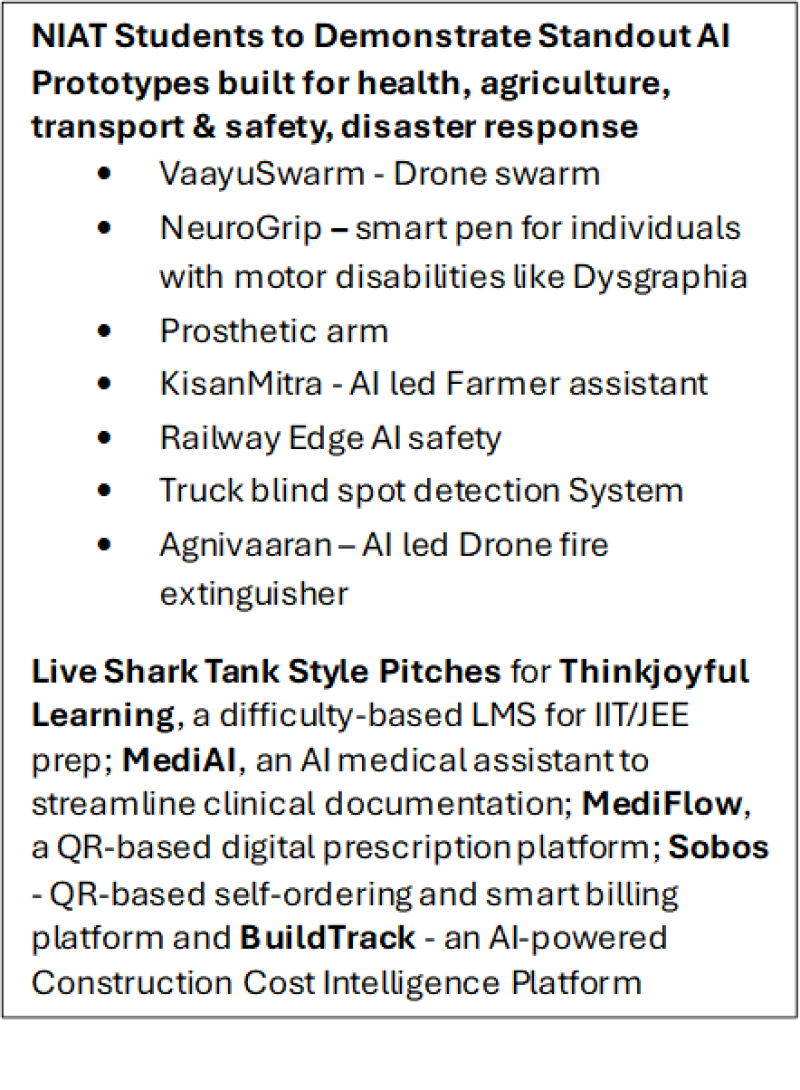 NIAT Students to Demonstrate Standout AI Prototypes built for health, agriculture, transport & safety, disaster response • VaayuSwarm - Drone swarm • NeuroGrip – smart pen for individuals with motor disabilities like Dysgraphia • Prosthetic arm • KisanMitra - AI led Farmer assistant • Railway Edge AI safety • Truck blind spot detection System • Agnivaaran – AI led Drone fire extinguisher Live Shark Tank Style Pitches for Thinkjoyful Learning, a difficulty-based LMS for IIT/JEE prep; MediAI, an AI medical assistant to streamline clinical documentation; MediFlow, a QR-based digital prescription platform; Sobos - QR-based self-ordering and smart billing platform and BuildTrack - an AI-powered Construction Cost Intelligence Platform