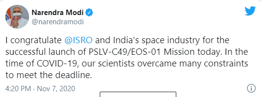 pm-congratulates-isro-for-the-successful-launch-of-pslv-c49-eos-01-mission