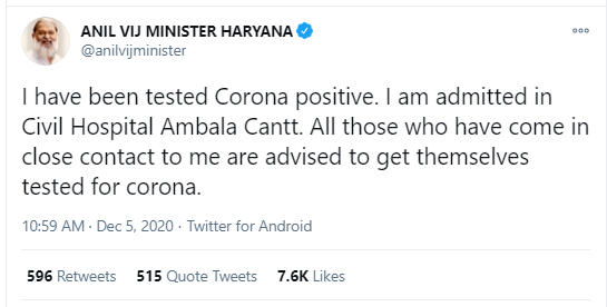 haryana-minister-anil-vij-tests-positive-for-covid-19