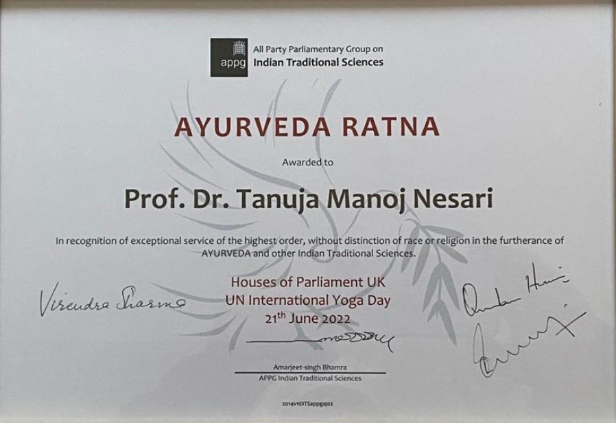 uk-parliament-honours-all-india-institute-of-ayurvedas-director-dr-tanuja-nesari-with-ayurveda-ratna-award