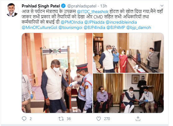 union-tourism-minister-visits-hotel-ashok-to-review-preparedness-on-the-first-day-of-its-opening-since-lockdown