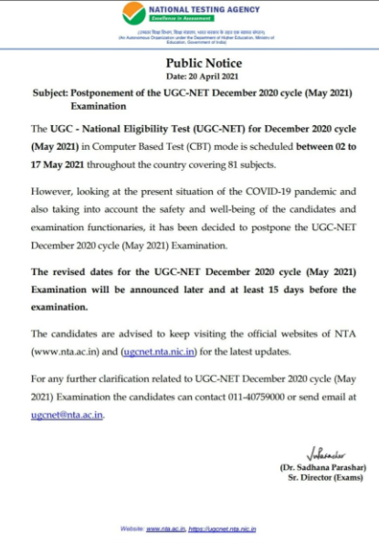 Postpone the UGC-NET Dec 2020 cycle (May 2021) exams decoding=