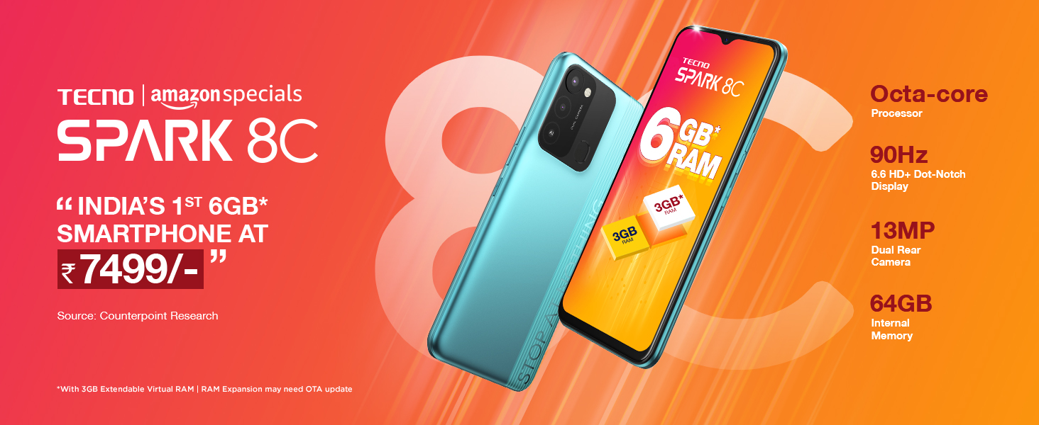 TECNO launches SPARK 8C, India’s 1st 6GB* RAM and 90Hz Refresh Rate Smartphone at a Special launch price of Rs.7499 decoding=