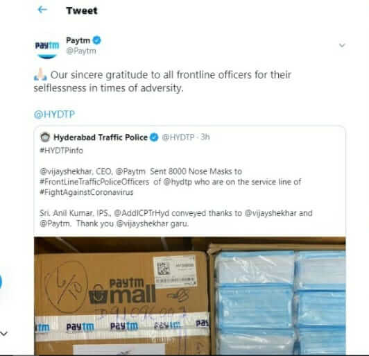 Hyderabad Traffic Police thanks Paytm for contributing 8000 nose masks decoding=